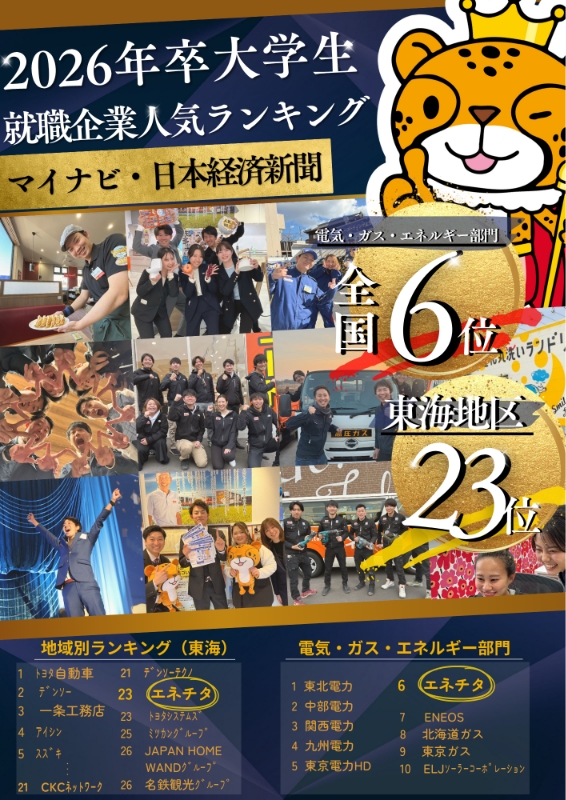2026年卒大学生就職企業人気ランキング マイナビ・日本経済新聞 電気・ガス・エネルギー部門 全国6位 東海地区23位